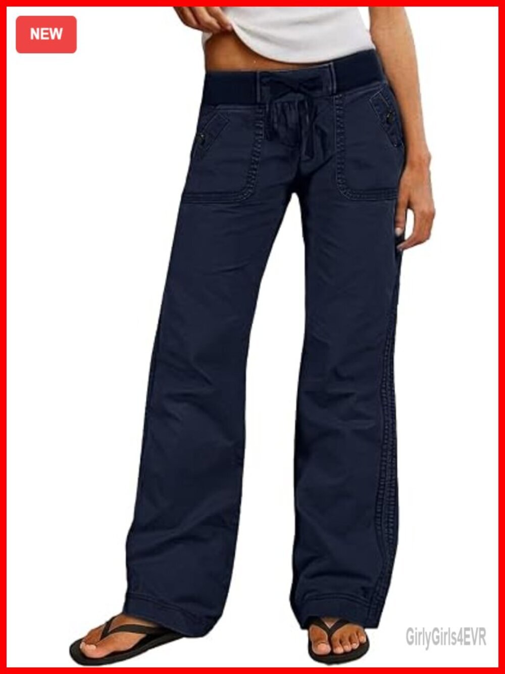 Cotton Mid Rise Straight Leg Pants Drawstring Waist Seam Detail